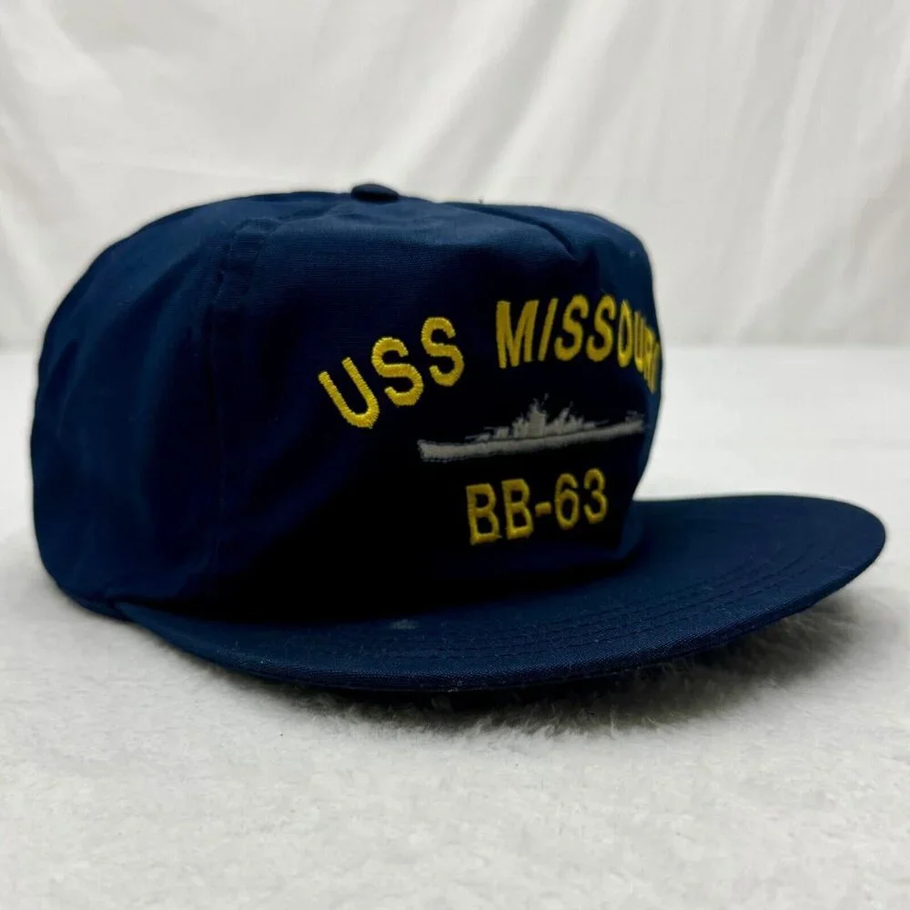 Vintage USS Missouri BB-63 Battleship Navy Snapback Cap Embroidered Blue (A)